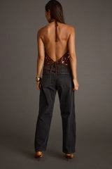 Cleo Espresso Beaded Halter Top
