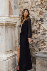 Bella Black Mesh Plunge Maxi Dress