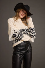 Bozeman Cream Printed Fringe Sweater