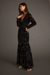 Angela Black Velvet Burnout Long Sleeve Maxi Dress