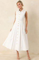 What Can I Say White Cotton Sleeveless Button Front Belted Maxi Dress