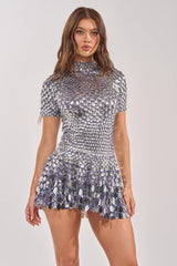 FAR FROM BASIC SEQUIN MINI DRESS IN SILVER
