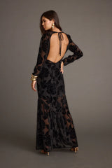 Angela Black Velvet Burnout Long Sleeve Maxi Dress