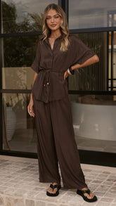 Velice Tie Top and Pants Set - Brown