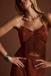 Tamsin Terracotta Jacquard Fringe Crop Top