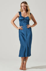 Enola Satin Smocked Midi Dress-Blue