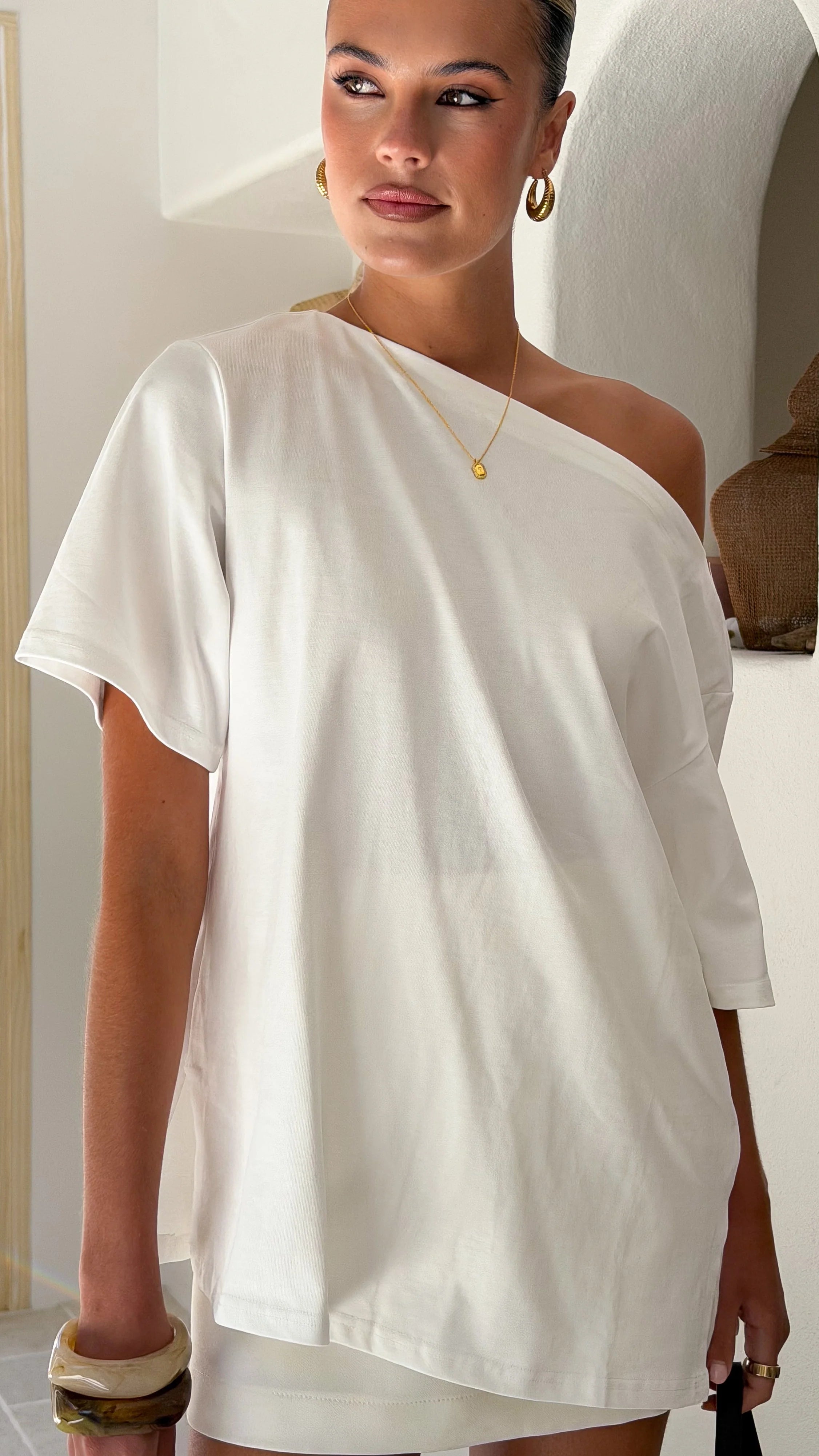 Pia One Shoulder Oversize Tee - White