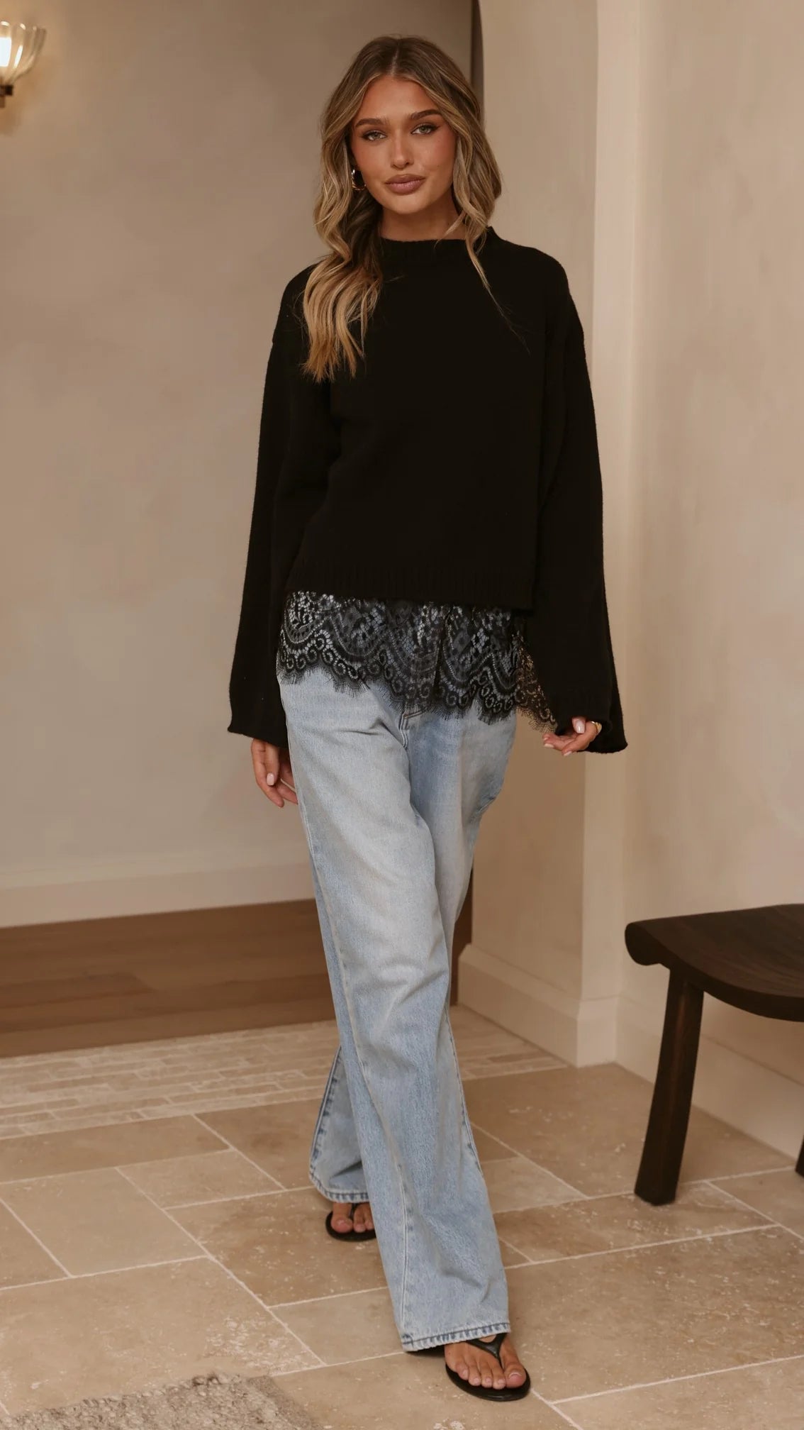 Kylan Lace Trim Sweater - Black
