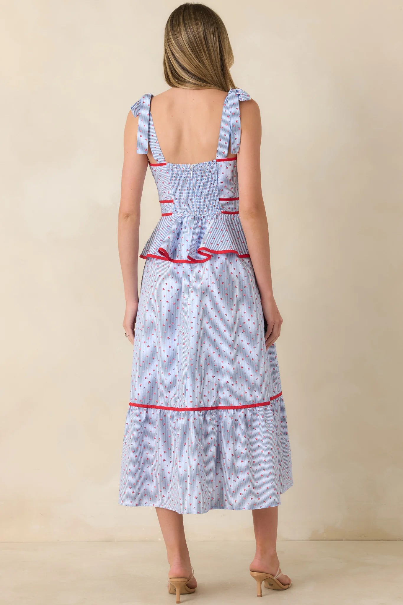 Sweet Tea in July Light Blue & Red Cotton Floral Stripe Peplum Midi Dress