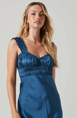 Enola Satin Smocked Midi Dress-Blue