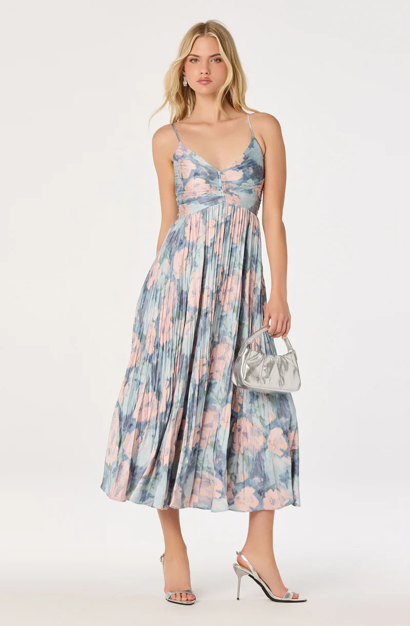 Maeve Floral Pleated Satin Midi Dress-Blue