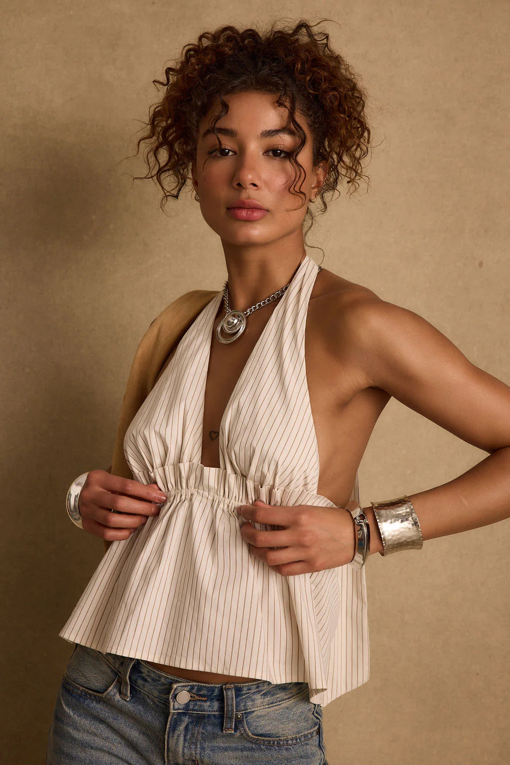 Heda Beige Striped Halter Top