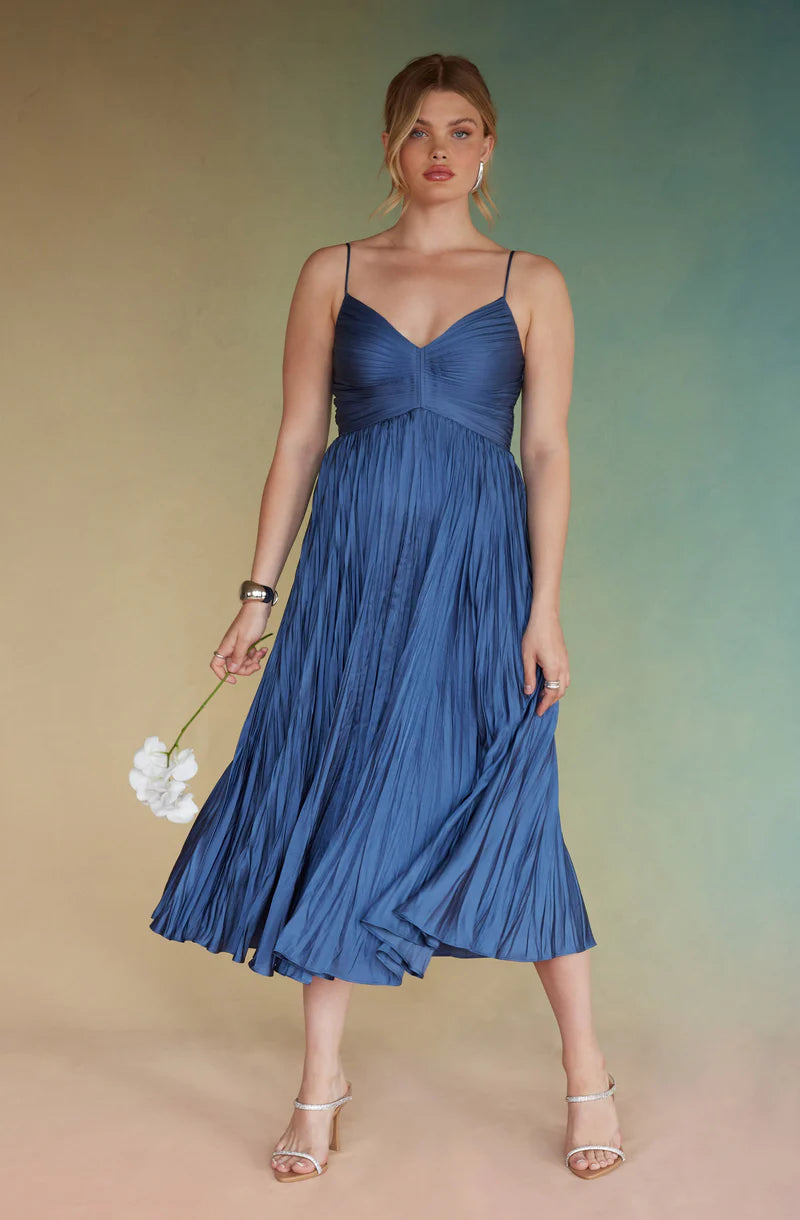 Maeve Pleated Midi Dress-Blue