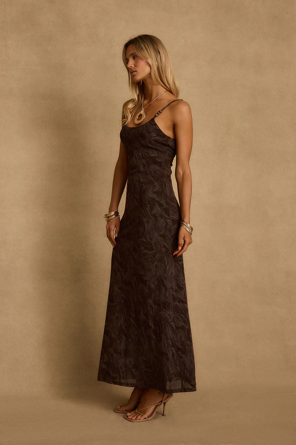 Amora Mocha Floral Mesh Maxi Dress