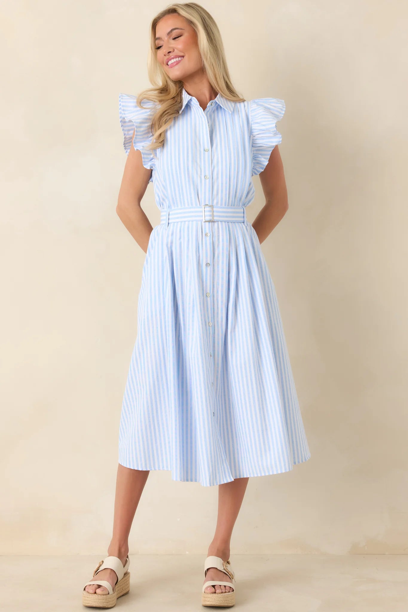 Simple Statement Sky Blue and White Stripe Button Front Midi Dress
