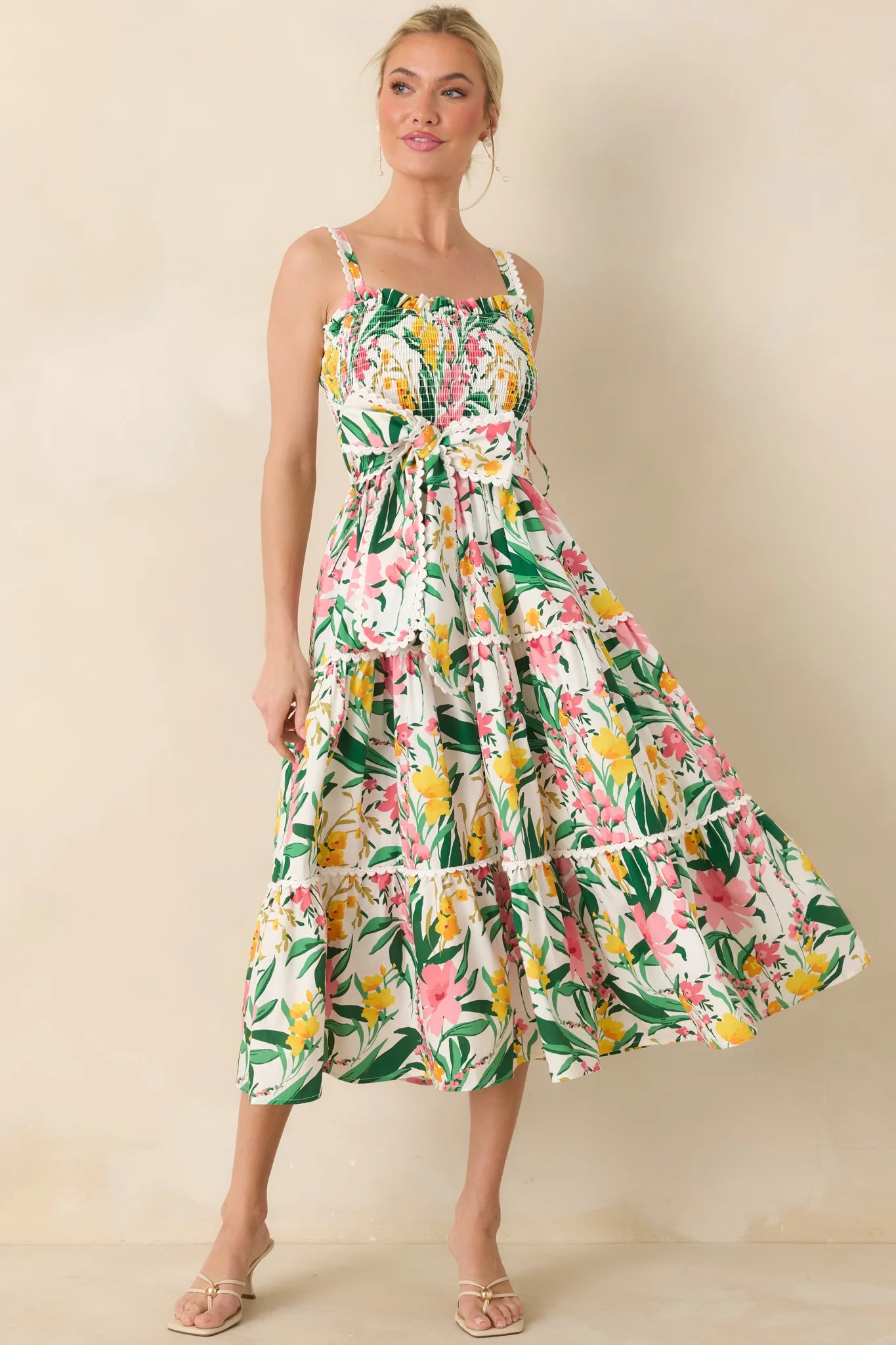 Prosperina Darcy Green & Pink Multi Floral Cotton Midi Dress