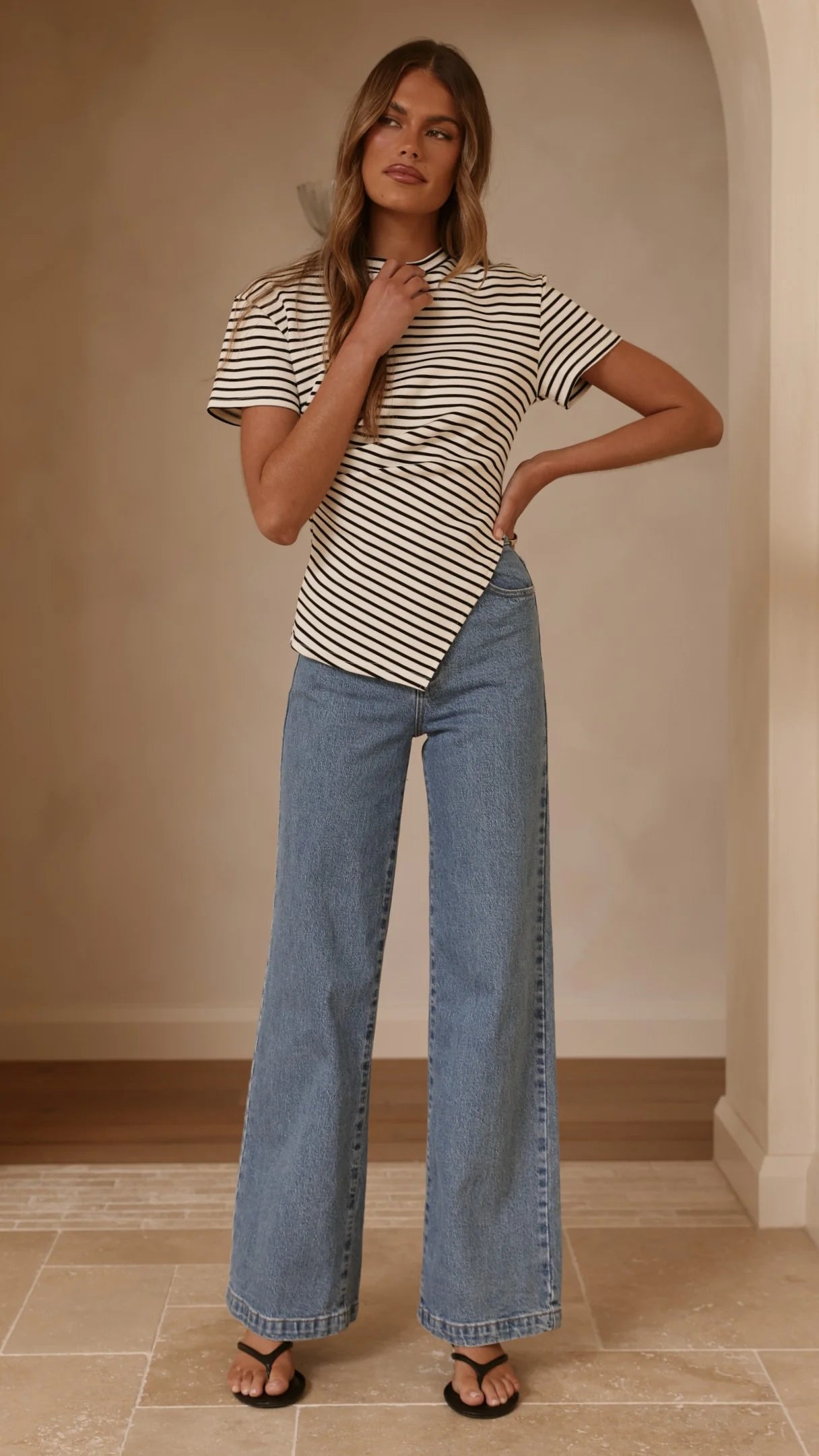 Tiarna Side Ruched Tee - Black/White Stripe