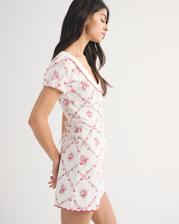 Short-Sleeve Collared Mini Dress-White Floral