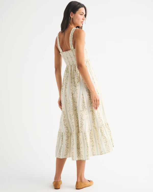 A&F Sydney Smocked Convertible Midi Dress-Yellow
