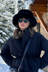 Bucket Down Black Faux Fur Hat