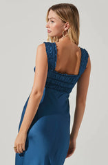 Enola Satin Smocked Midi Dress-Blue