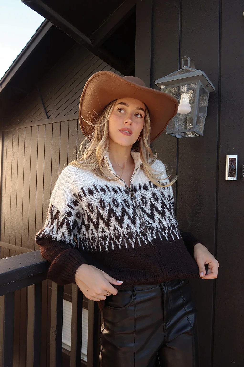 Toddy Espresso and Ivory Zip Up Sweater