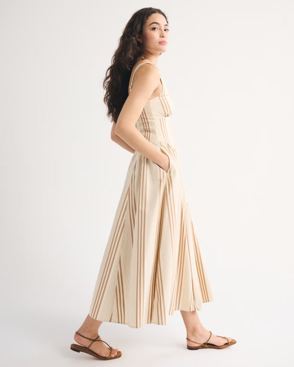 100% Cotton A&F Bra-Free Dylan Midi Dress-Tan Stripe
