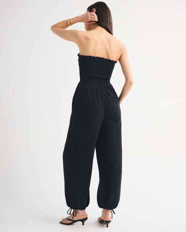100% Cotton A&F Sydney Smocked Strapless Balloon Leg Jumpsuit-Black