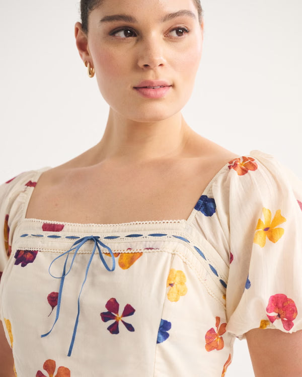 A&F Emerson Puff Sleeve Midi Dress-Cream Print