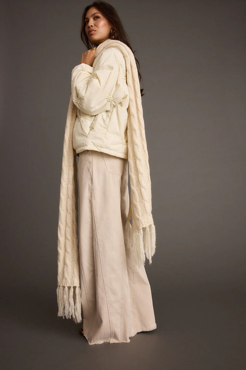 Alaska Cream Cable Knit Long Scarf