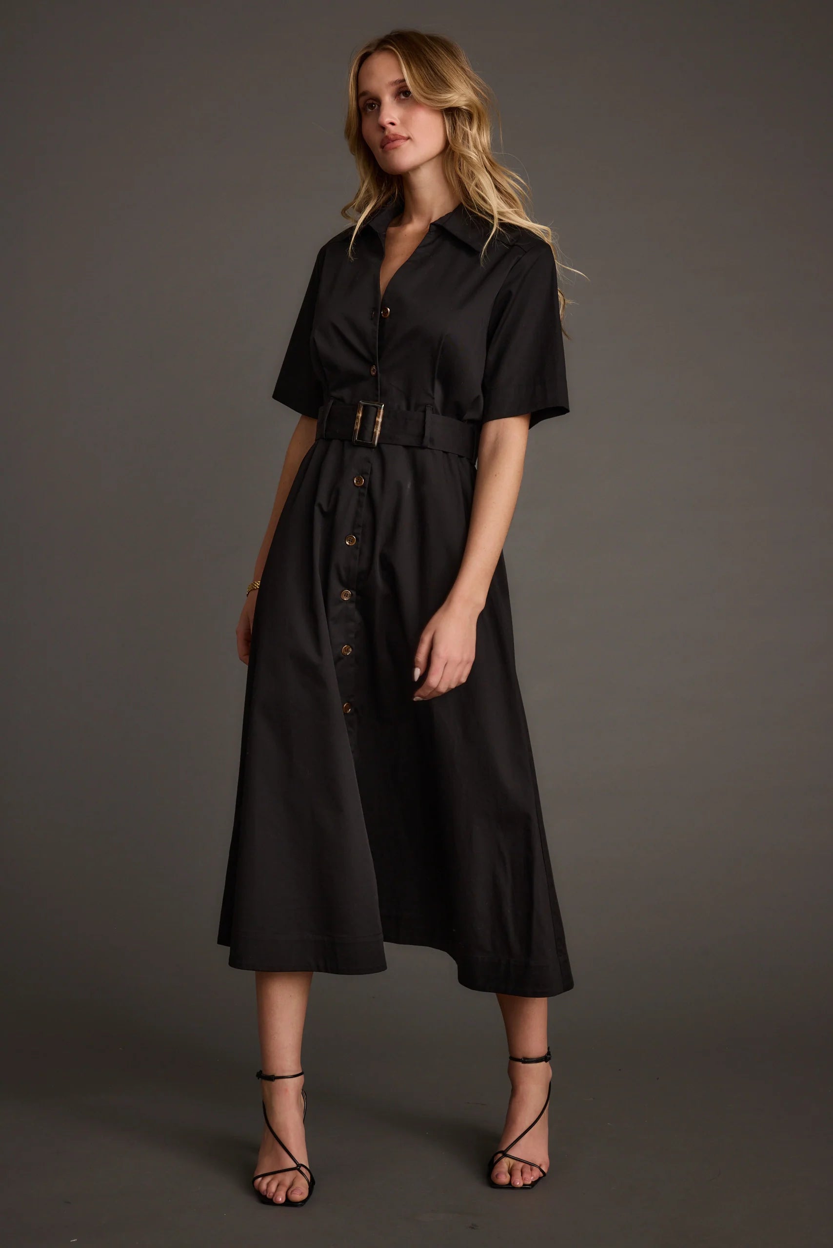 Leena Black Button Front Belted Midi Dress