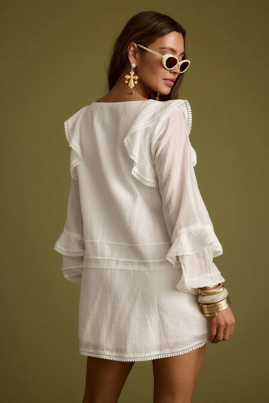 Bound White Long Sleeve Micro Tunic Dress