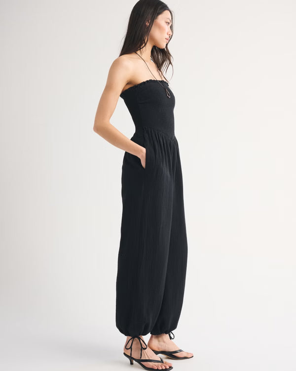 100% Cotton A&F Sydney Smocked Strapless Balloon Leg Jumpsuit-Black