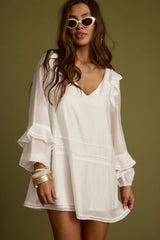 Bound White Long Sleeve Micro Tunic Dress
