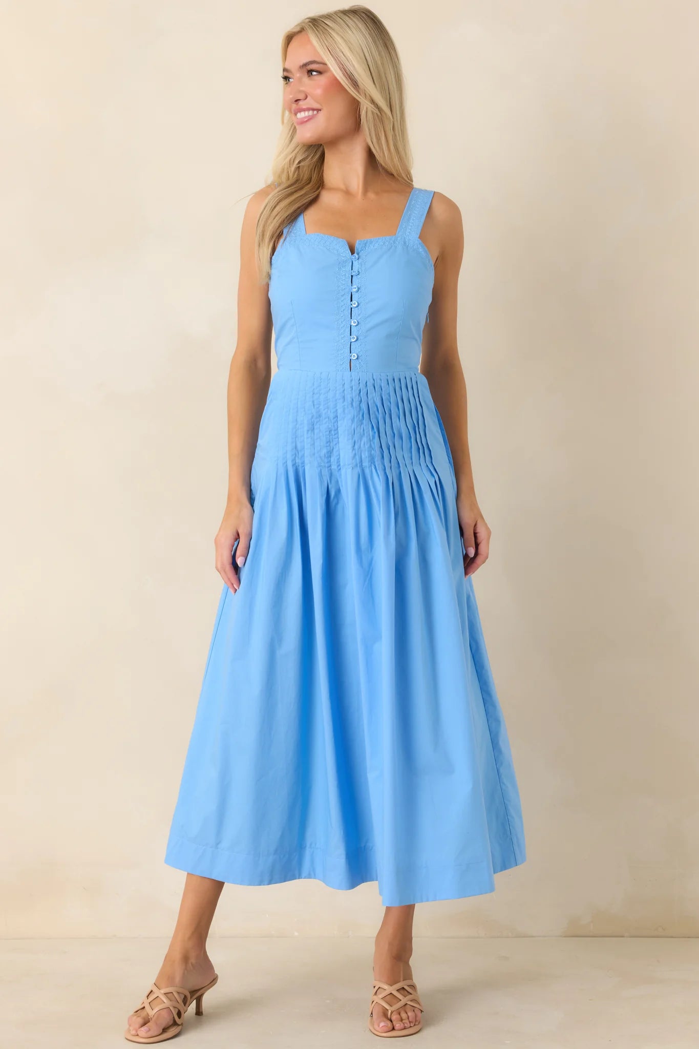 Sunny Stroll Light Blue Cotton Pleated Midi Dress