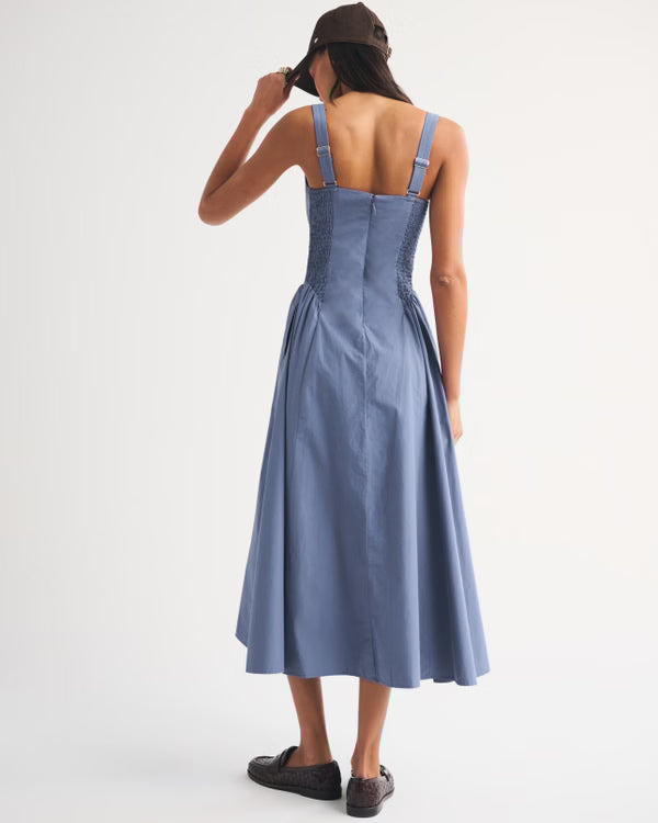 100% Cotton A&F Bra-Free Dylan Midi Dress-Blue Fog