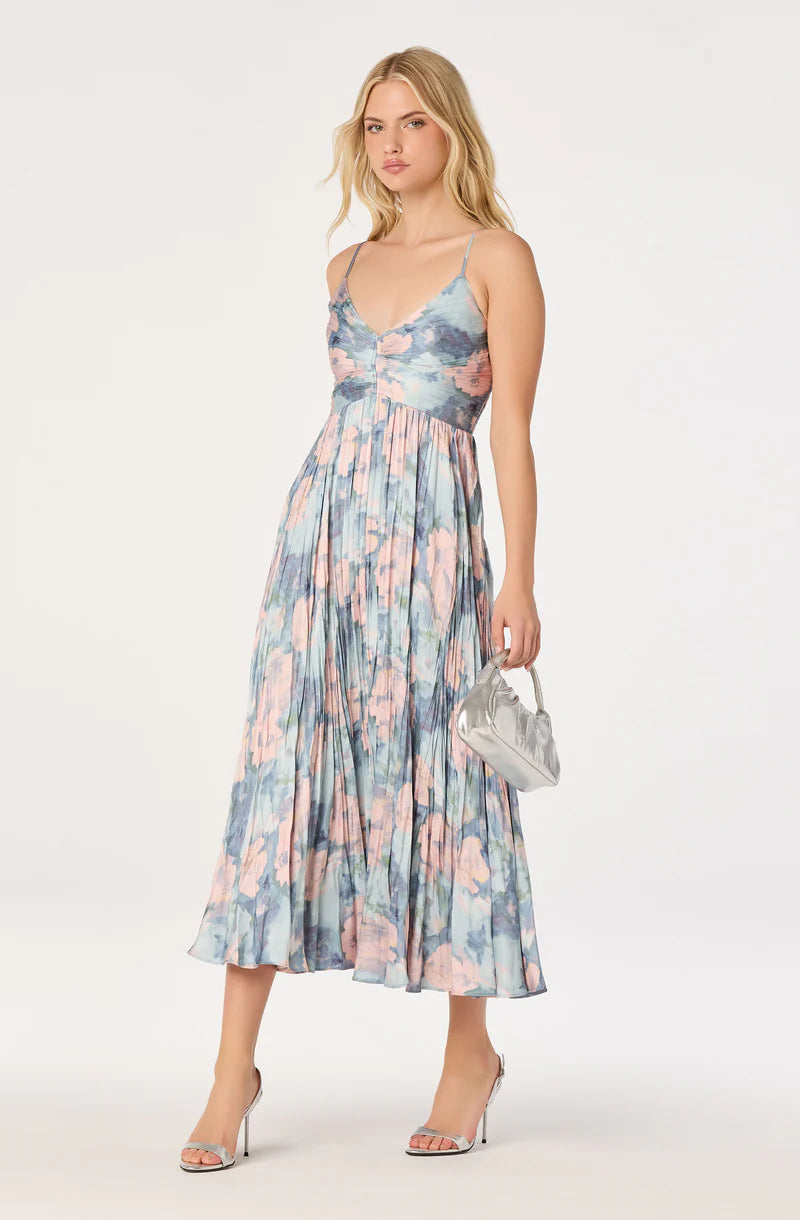 Maeve Floral Pleated Satin Midi Dress-Blue