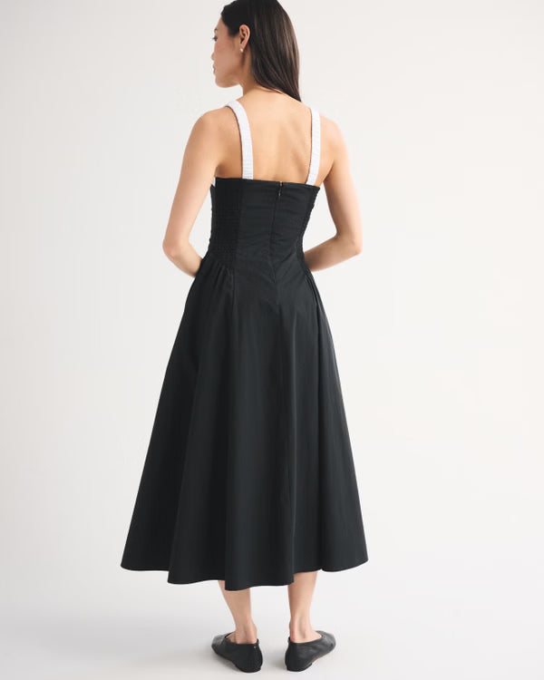 100% Cotton Ruched Neckline Dipped Waist Midi Dress-Black