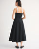 100% Cotton Ruched Neckline Dipped Waist Midi Dress-Black