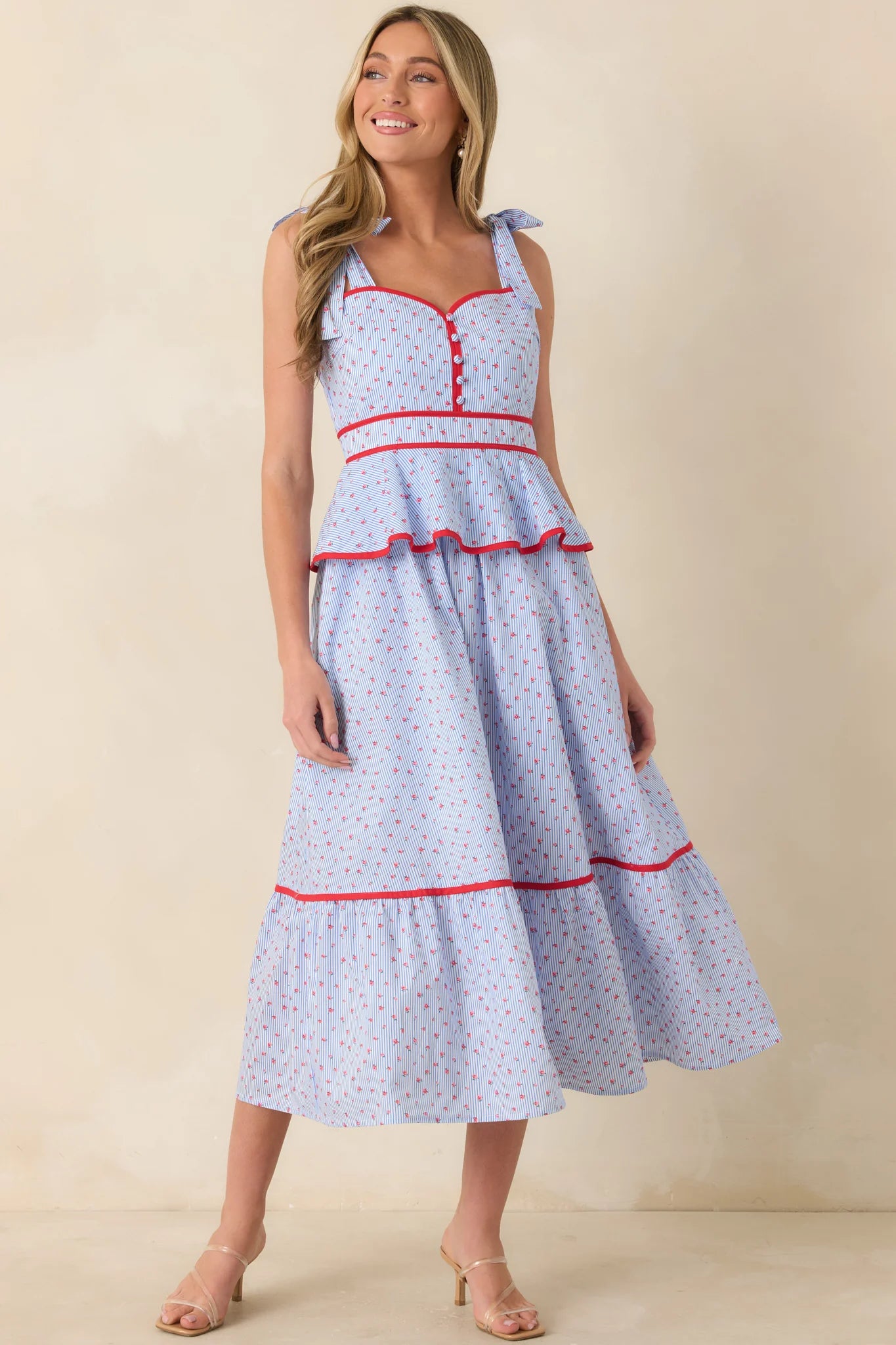 Sweet Tea in July Light Blue & Red Cotton Floral Stripe Peplum Midi Dress