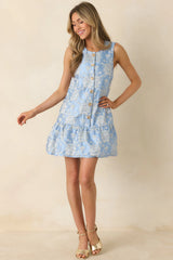 Something About Her Blue Metallic Floral Jacquard Button Front Mini Dress