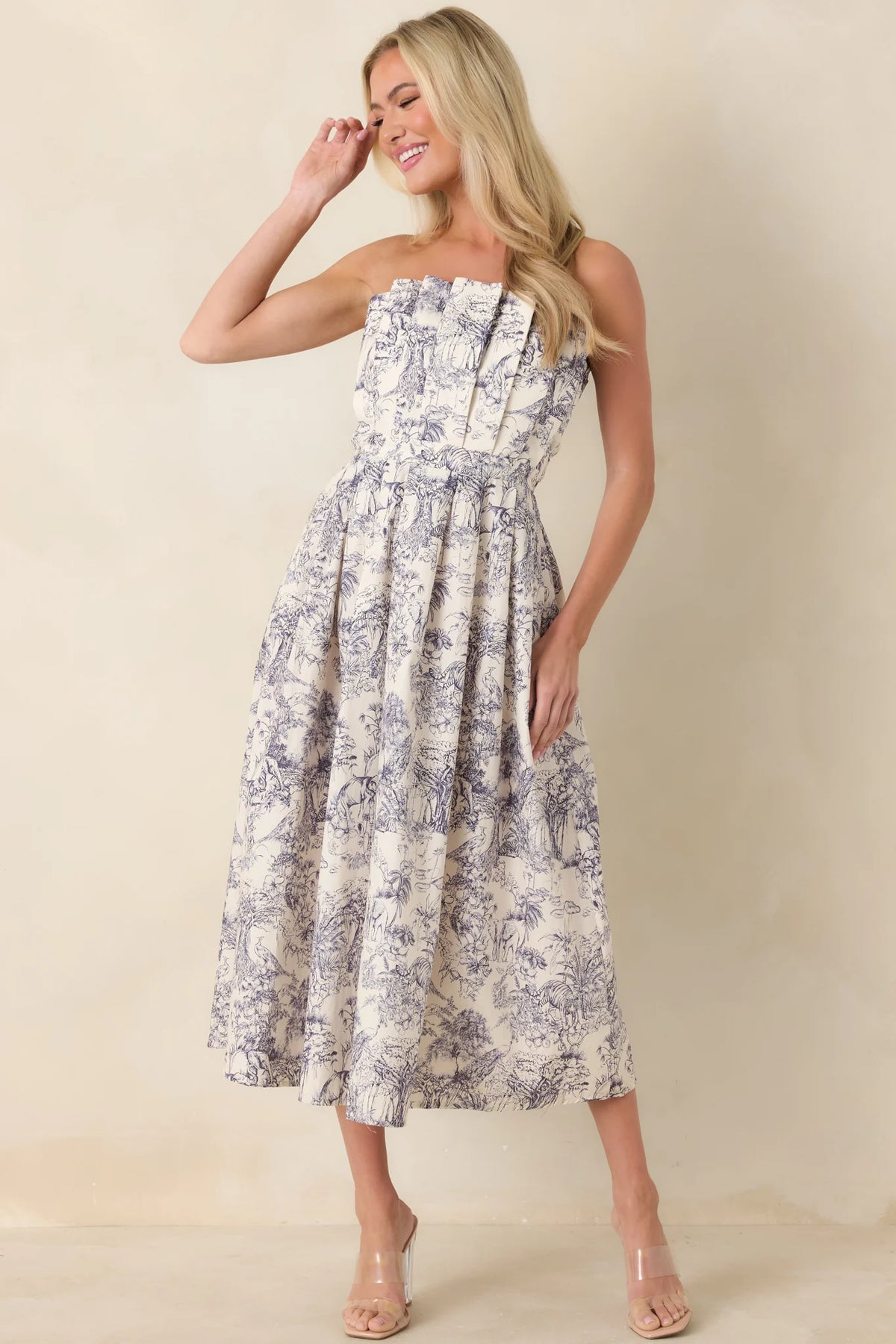 The Genevieve Cotton Navy Blue Toile Strapless Midi Dress