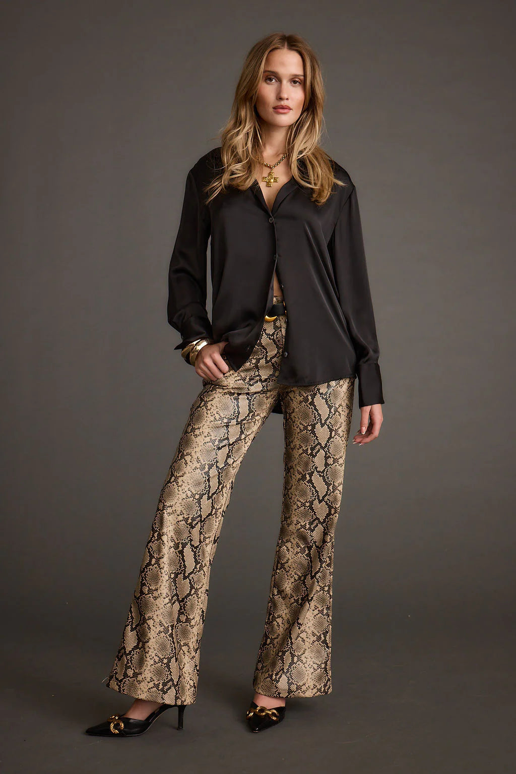Cash Black Satin Button Down Top