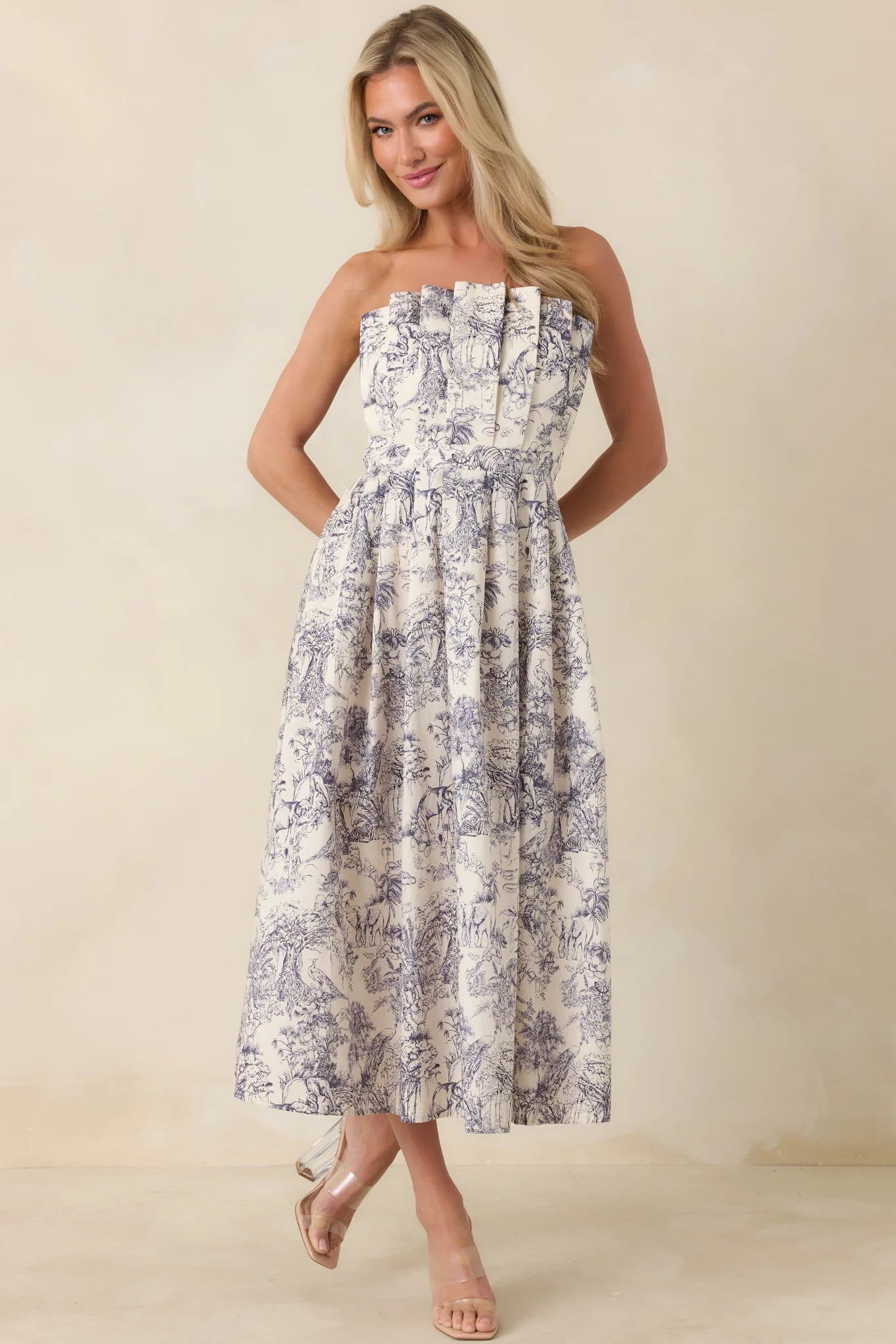 The Genevieve Cotton Navy Blue Toile Strapless Midi Dress