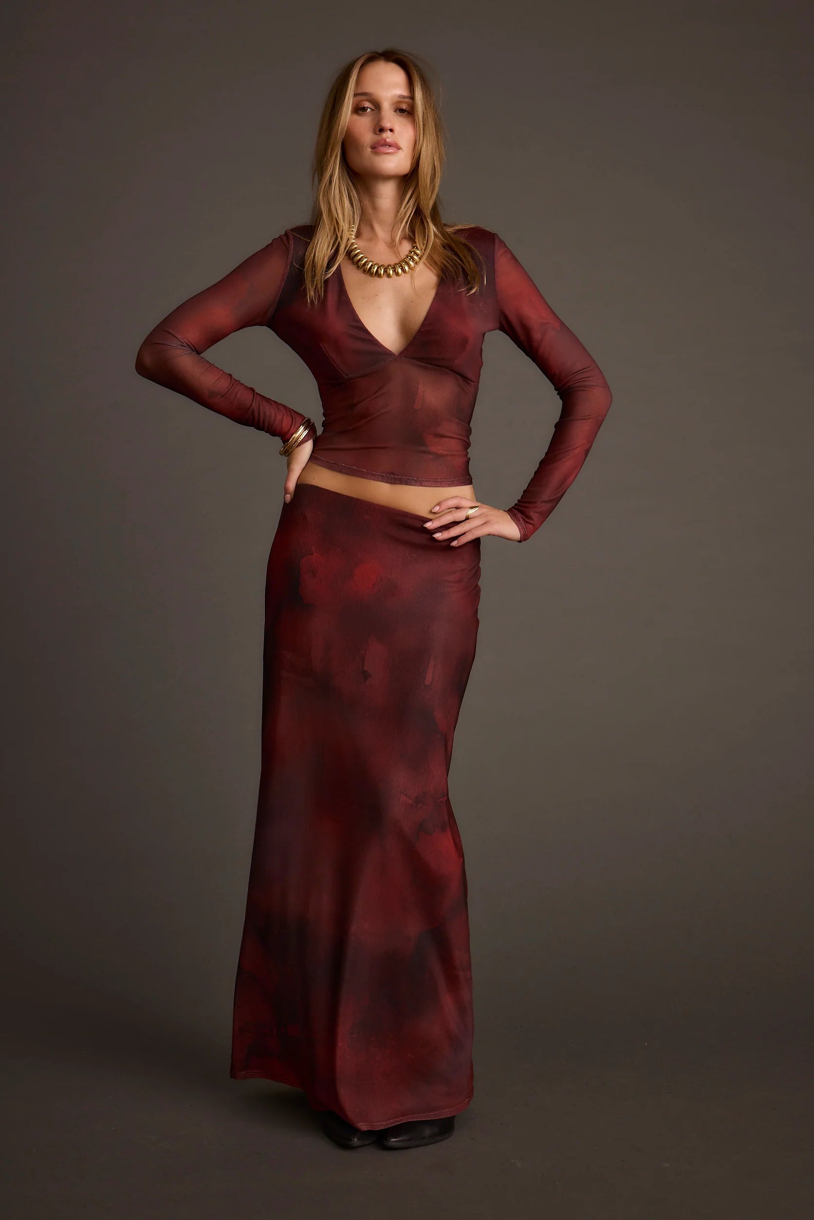 Julia Mulberry Blur Mesh Maxi Skirt