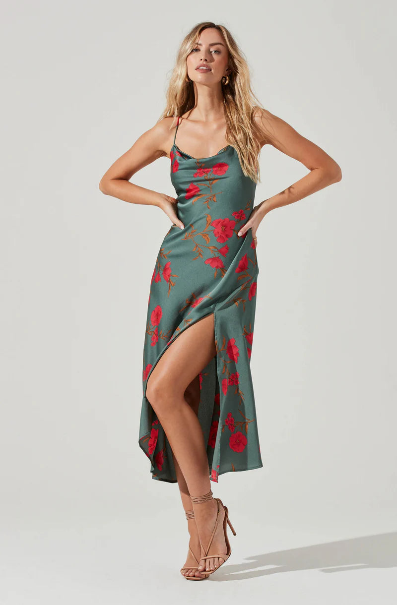 Gaia Floral Midi Dress-Teal-Raspberry Floral