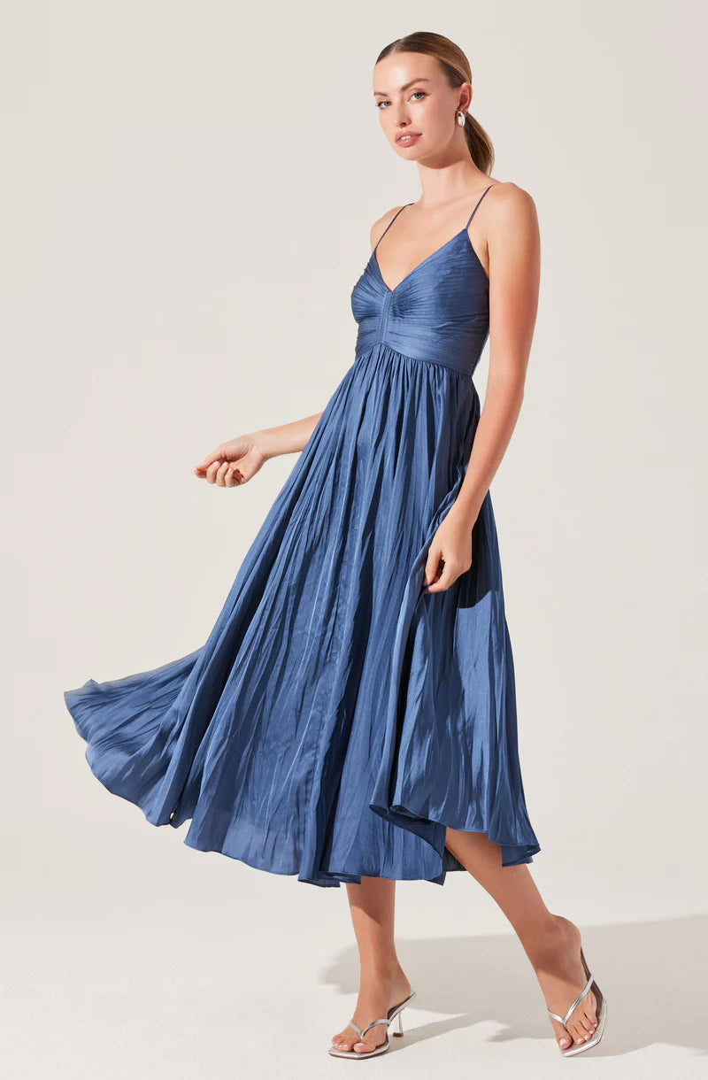 Maeve Pleated Midi Dress-Blue