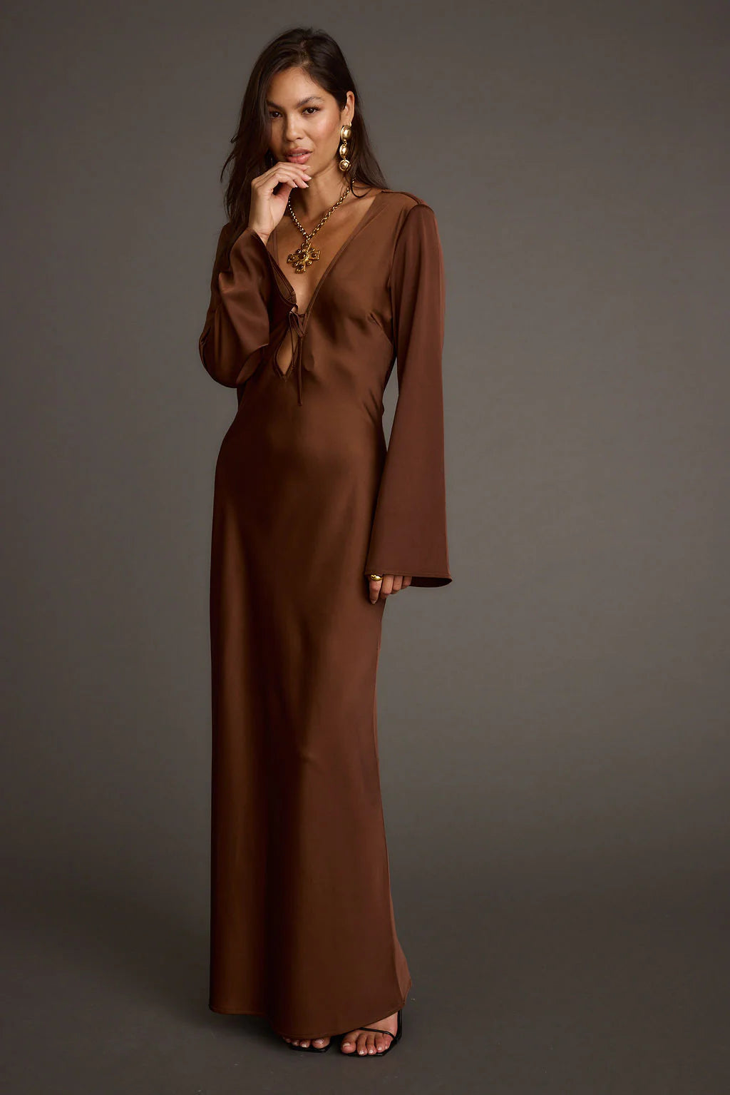 Strokes Mocha Long Sleeve Plunge Satin Maxi Dress