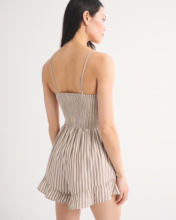 A&F Sydney Smocked Dipped-Waist Romper-Brown Stripe