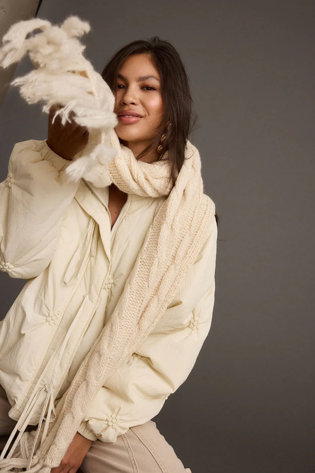 Alaska Cream Cable Knit Long Scarf